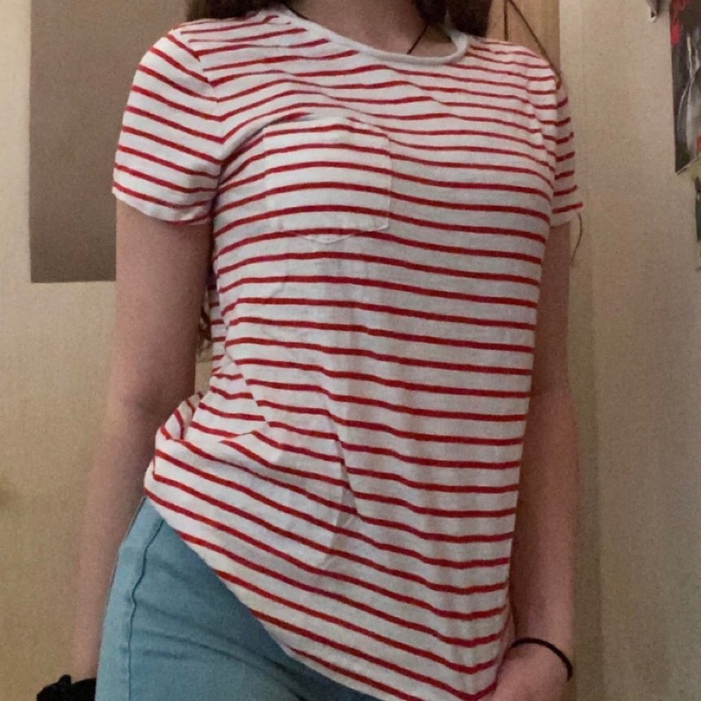 Red and White striped T Shirt with pocket